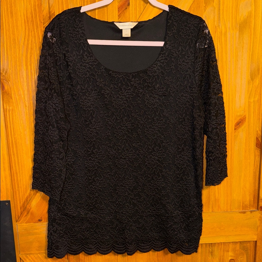 Christopher & Banks Black Lace Scoop Neck Long Sleeve Top